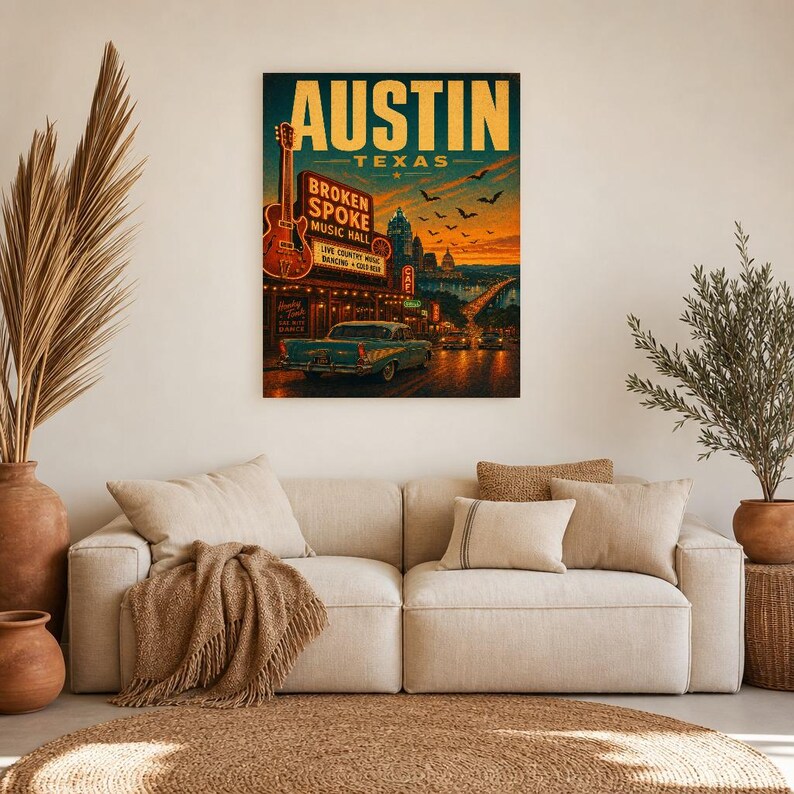 Austin-Reiseposter | Vintage-Druck der Hauptstadt der Livemusik | Texas-Wandbild | Stadtdeko aus der Mitte des 20. Jahrhunderts Bild 6