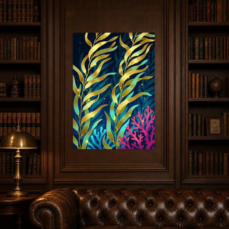 Bioluminescent Kelp Forest Poster | Deep Sea Ocean Bathroom Wall Art Print | Dark Coastal Night Print image 7
