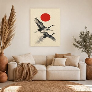Impresión de grúa de sol rojo Arte de pared japonés | Dos grúas Sumi-e | Póster Dormitorio Wabi Sabi imagen 7