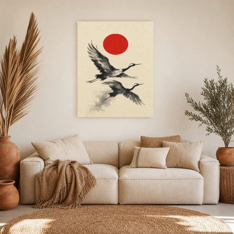 Impresión de grúa de sol rojo Arte de pared japonés | Dos grúas Sumi-e | Póster Dormitorio Wabi Sabi imagen 7