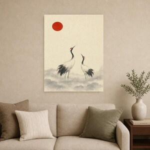 Red Sun Crane Japandi Wall Art Print | Ink Wash Pair in Mist | Wabi Sabi Hallway Poster Print image 9
