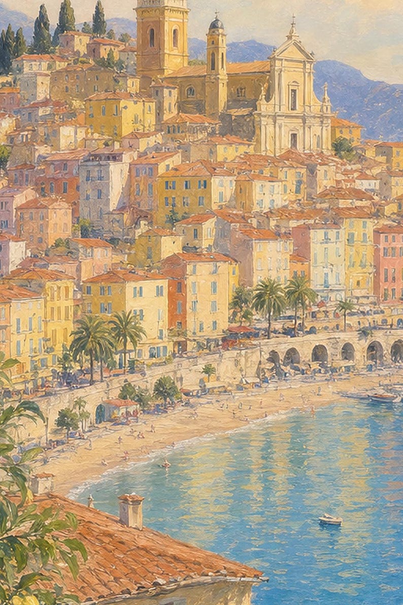 Menton Travel Poster | French Soft Painting Riviera Wall Art | Cote d'Azur Coastal Print | Printed & Shipped image 3