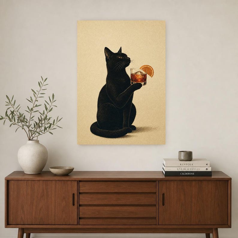 Black Cat Negroni Wall Art Print | Orange Slice Cocktail Poster | Bar Cart Print | Funny Black Cat Club Decor image 2