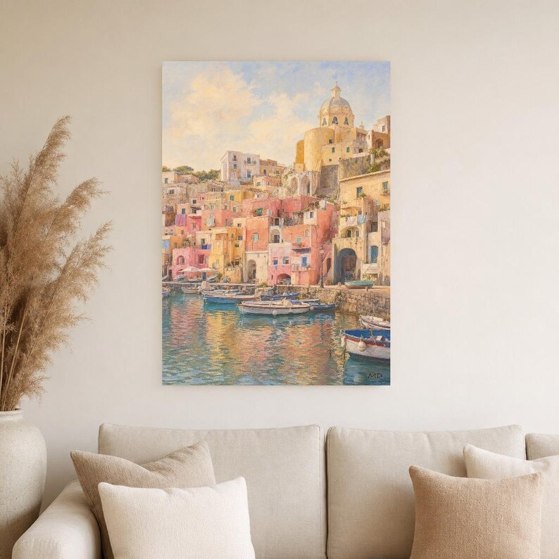 Procida Travel Poster | Soft Painting Italy Wall Art | Colorful Marina Coastal Print | Printed & Shipped image 4