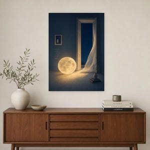 Impresión de arte de pared de luna surrealista ? Póster de dormitorio con paisaje de ensueño | Luna llena en una habitación Surrealismo suav imagen 2