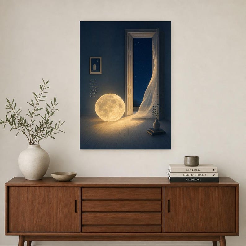 Impresión de arte de pared de luna surrealista ? Póster de dormitorio con paisaje de ensueño | Luna llena en una habitación Surrealismo suav imagen 2