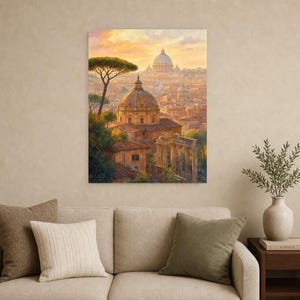 Rome Travel Poster | Soft Painting Italy Wall Art | Roman Rooftops Golden Hour Print | Printed & Shipped image 9