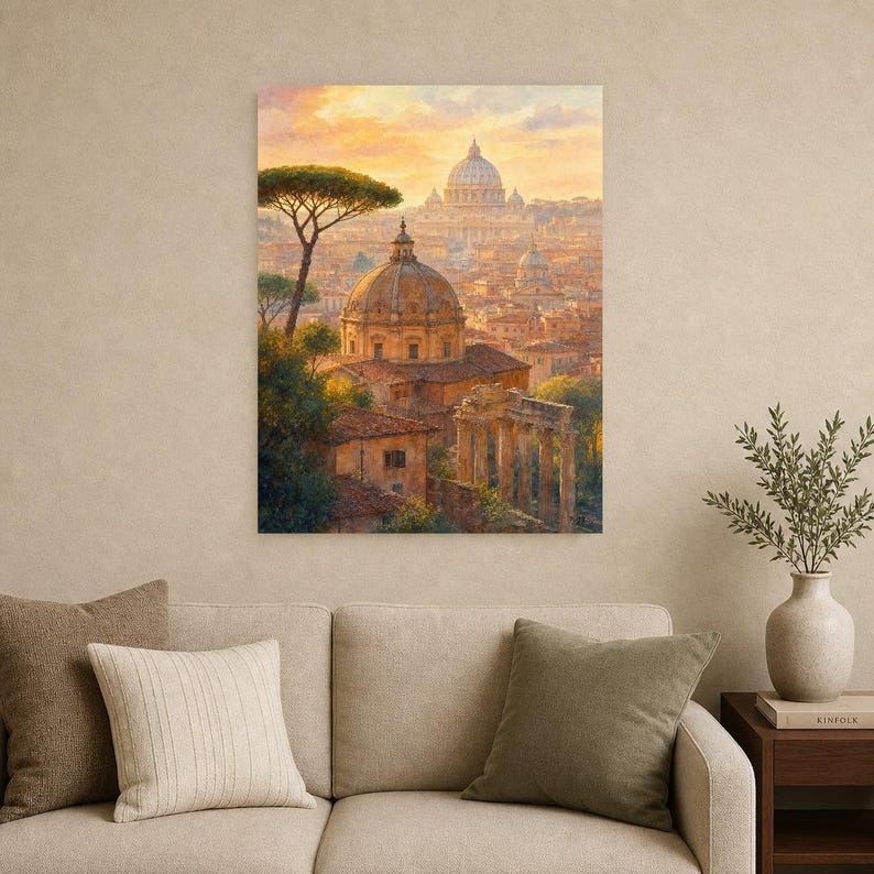 Rome Travel Poster | Soft Painting Italy Wall Art | Roman Rooftops Golden Hour Print | Printed & Shipped image 9