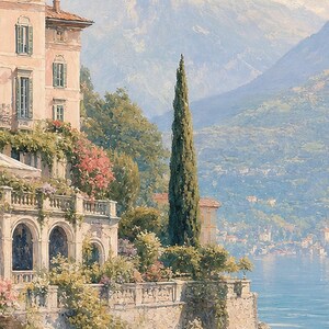 Lake Como Travel Poster | Soft Painting Italy Wall Art | Italian Lake Villa Print | Printed & Shipped image 3
