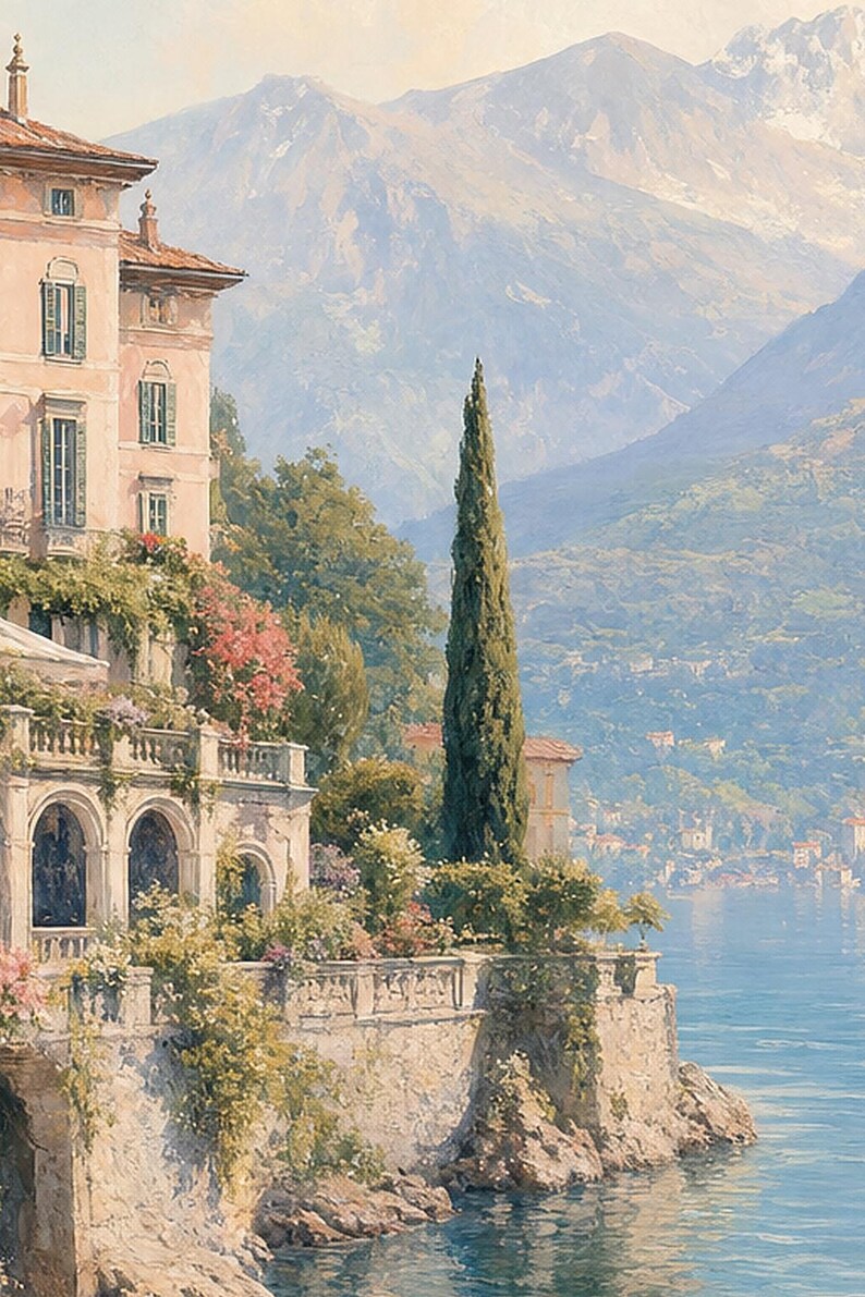 Lake Como Travel Poster | Soft Painting Italy Wall Art | Italian Lake Villa Print | Printed & Shipped image 3
