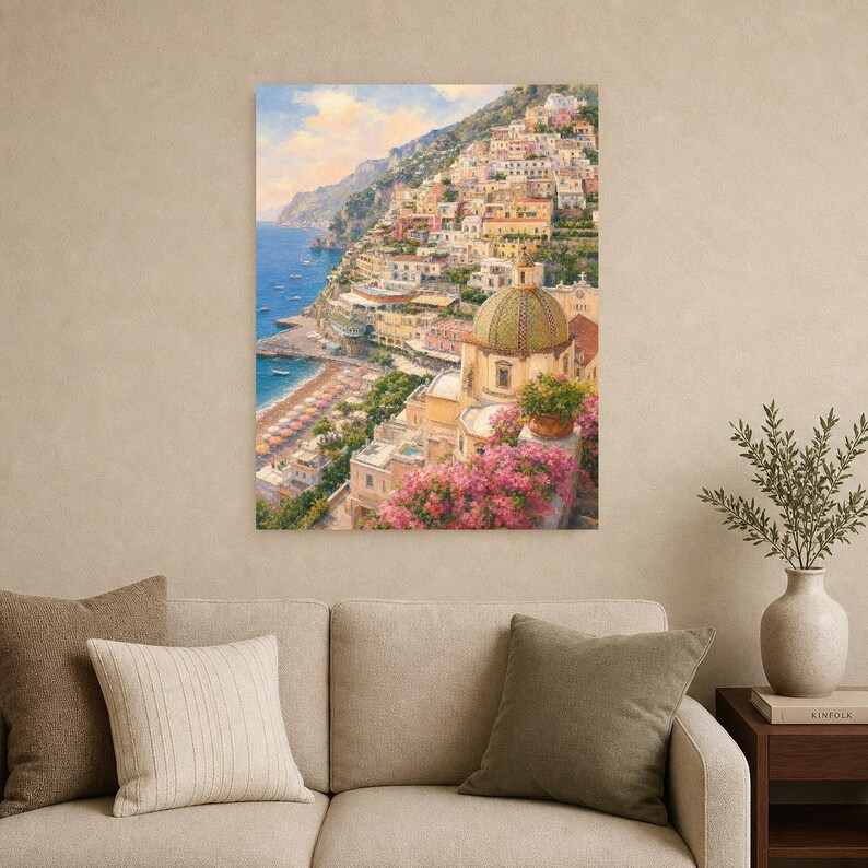 Positano reisposter | Zachte schildering Amalfikust print | Italiaanse muurdecoratie | Kustdecoratie | Gedrukt en verzonden afbeelding 9