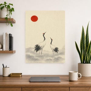 Red Sun Crane Japandi Wall Art Print | Ink Wash Pair in Mist | Wabi Sabi Hallway Poster Print image 8