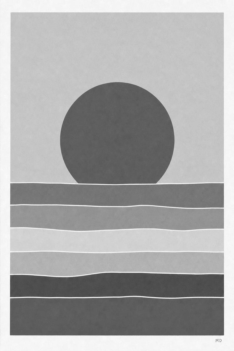 Väggkonsttryck med bränd röd sol i öknen | Minimalistisk terrakottaposter | Soltryck i papper från mitten av århundradet | Boho-inredning bild 10