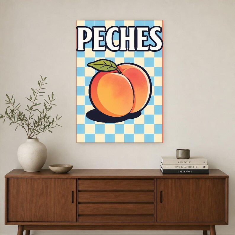 Reprodukcja ściany kuchennej w kolorze brzoskwiniowym | Plakat Owocowy Retro Bistro | Maksymalistyczna kuchnia Cottagecore Print | Wystrój j zdjęcie 3