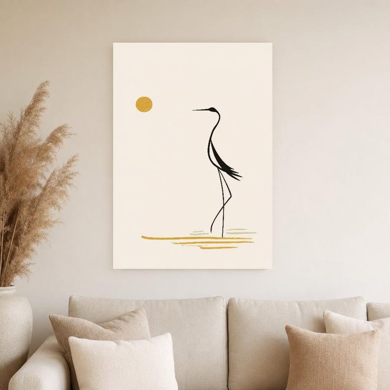 Cream Japandi Crane Wall Art | Zen Line Art Silhouette Poster | Minimalist Nature Gallery Print image 4