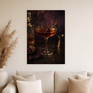 Manhattan-Cocktail-Druck | Moody Barwagen Wandkunst | Whiskey-Coupé und Kirschstillleben Bild 4