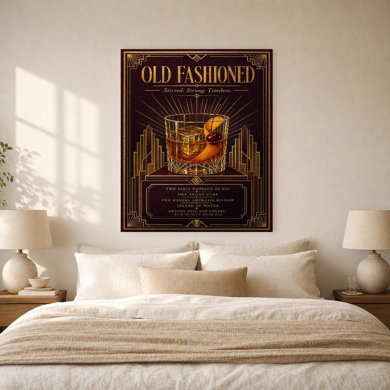 Gold Art Deco Old Fashioned Recipe Wall Art Print | Amber Cocktail Recipe Poster | Bar Cart Decor Print | Kitchen Wall Art image 6
