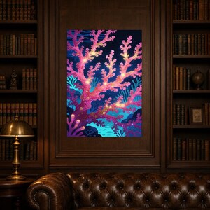 Bioluminescent Coral Reef Poster | Deep Sea Ocean Bathroom Wall Art Print | Dark Coastal Night Print image 4