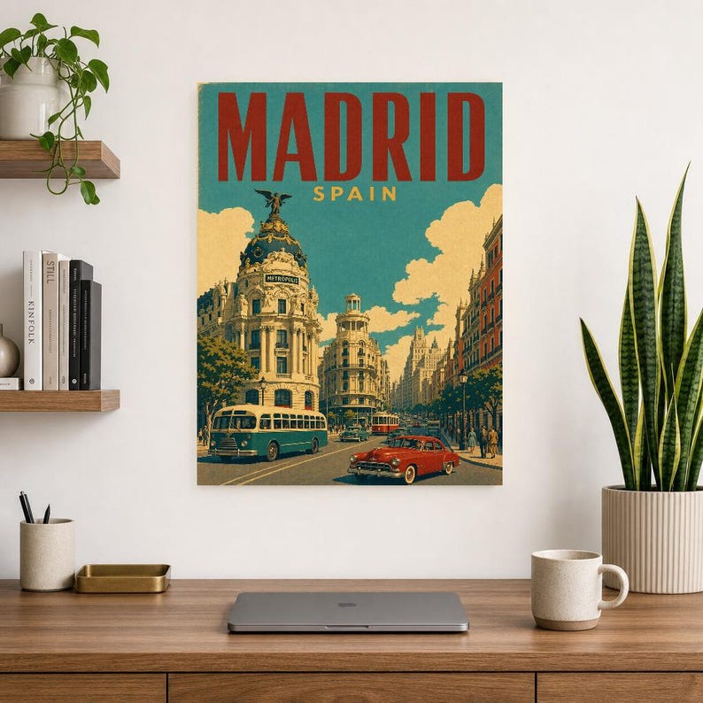 Póster de viaje de Madrid | Lámina vintage de la Gran Vía | Decoración de pared de España | Impreso y enviado imagen 8