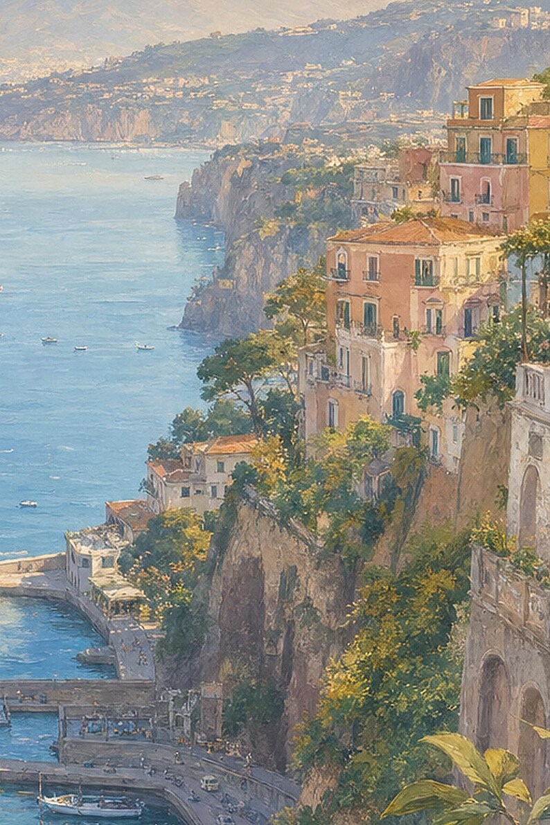 Sorrento Travel Poster | Soft Painting Italy Wall Art | Bay of Naples Coastal Print | Printed & Shipped image 3