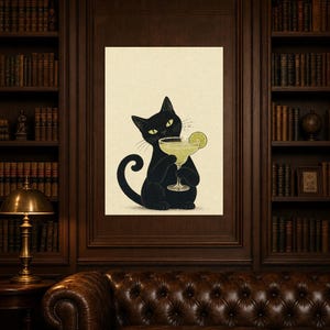 Arte de pared Margarita de gato negro | Cartel de cóctel de lima | Impresión del carrito de la barra | Decoración divertida del bar Noir Cat imagen 5