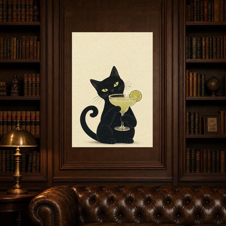 Arte de pared Margarita de gato negro | Cartel de cóctel de lima | Impresión del carrito de la barra | Decoración divertida del bar Noir Cat imagen 5