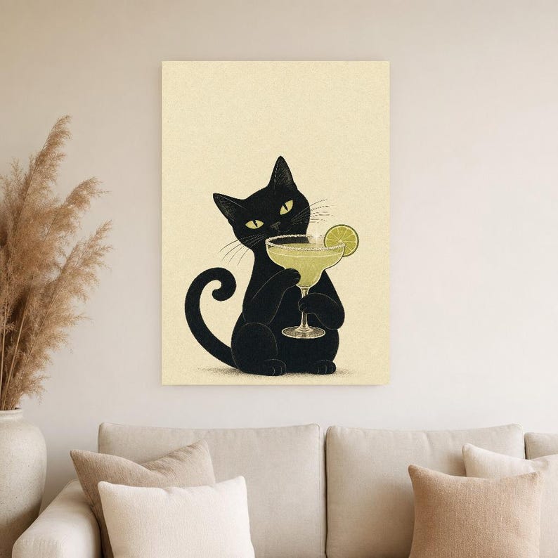 Arte de pared Margarita de gato negro | Cartel de cóctel de lima | Impresión del carrito de la barra | Decoración divertida del bar Noir Cat imagen 4