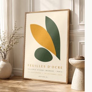 Ocher Leaves | Abstract Wall Art | Modern Gallery Poster | Ocher and Green Minimalist Print | Printed & Shipped image 1