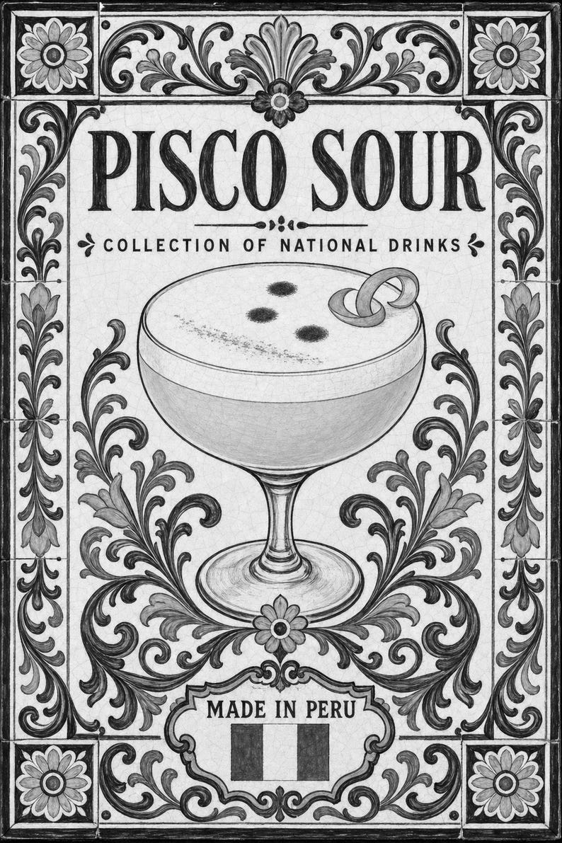 Pisco Sour Cocktail Tile Wall Art Print | Peru National Drink Poster | Azulejo Bar Cart Print | Maiolica Kitchen Decor image 10