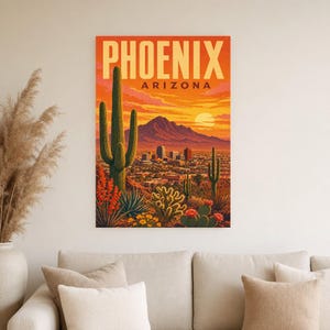 Póster de viaje de Phoenix | Lámina vintage de una puesta de sol en el desierto de Sonora | Lámina decorativa de Arizona | Decoración urbana de mediados de siglo imagen 3