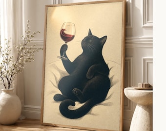 Black Cat Wine Wall Art Print | Red Wine Glass Poster | Bar Cart Print | Quirky Black Cat Club Kitchen Decor