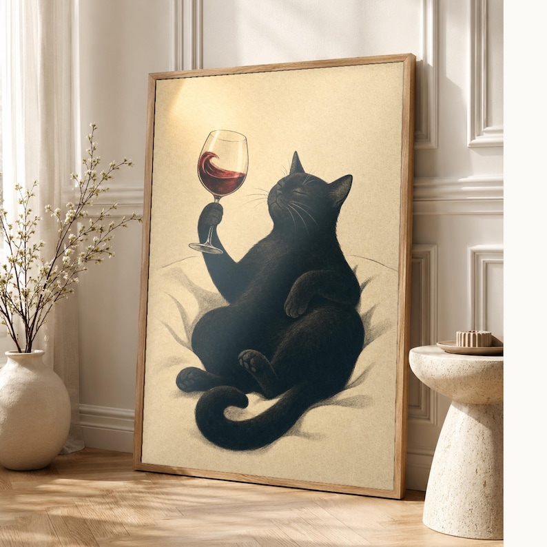 Schwarze Katze Wein Wandkunst | Rotweinglas Poster | Barwagen-Druck | Skurriles Noir Cat Club Küchendekor Bild 1