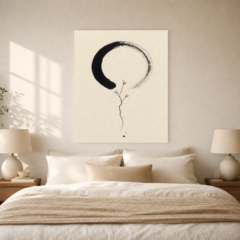 Zen Enso and Branch Japandi Wall Art Print | Mono Line Ink Print | Wabi Sabi Cream Poster Decor image 6