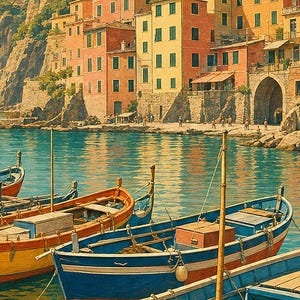 Cinque Terre Wall Art Print | Italian Fishing Boats Poster | Riviera Cove Travel Print | Vintage Dolce Vita Decor | Mediterranean Sea Art image 3