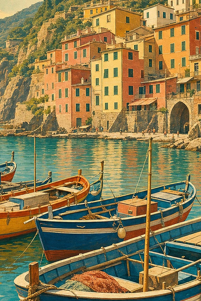 Cinque Terre Wall Art Print | Italian Fishing Boats Poster | Riviera Cove Travel Print | Vintage Dolce Vita Decor | Mediterranean Sea Art image 3