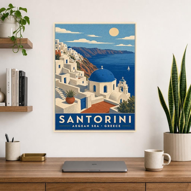 Cartel de viaje de Santorini | Arte de pared vintage de Grecia | Impresión de la Caldera del Egeo | Decoración costera azul blanca | Arte de imagen 8