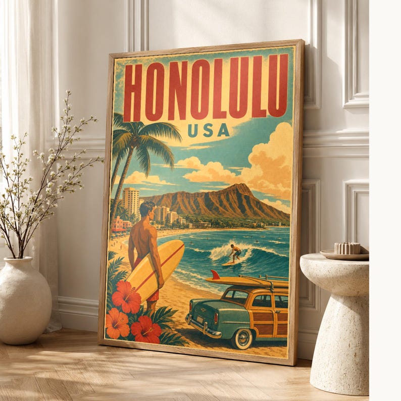 Honolulu Travel Poster | Vintage Hawaii Print | USA Wall Art | Printed & Shipped image 1