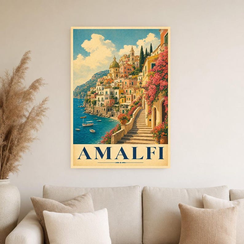 Amalfi Coast Wall Art Print | Italian Village Travel Poster | Positano Pastel Houses Print | Vintage Dolce Vita Decor | Mediterranean Art image 4