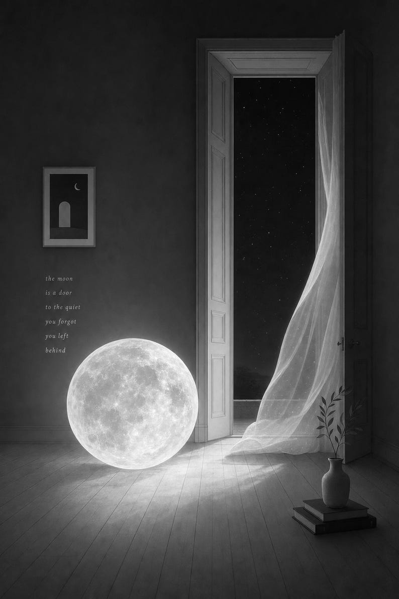 Impresión de arte de pared de luna surrealista ? Póster de dormitorio con paisaje de ensueño | Luna llena en una habitación Surrealismo suav imagen 9