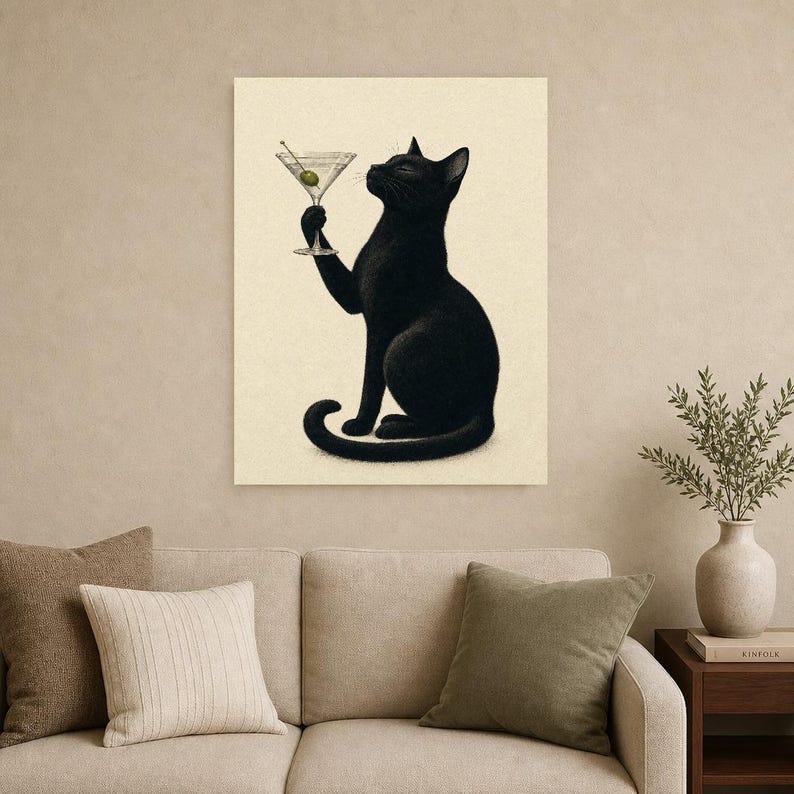 Black Cat Martini Wall Art Print | Olive Cocktail Poster | Bar Cart Print | Funny Black Cat Club Bar Decor image 9