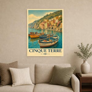 Cinque Terre Wall Art Print | Italian Fishing Boats Poster | Riviera Cove Travel Print | Vintage Dolce Vita Decor | Mediterranean Sea Art image 9