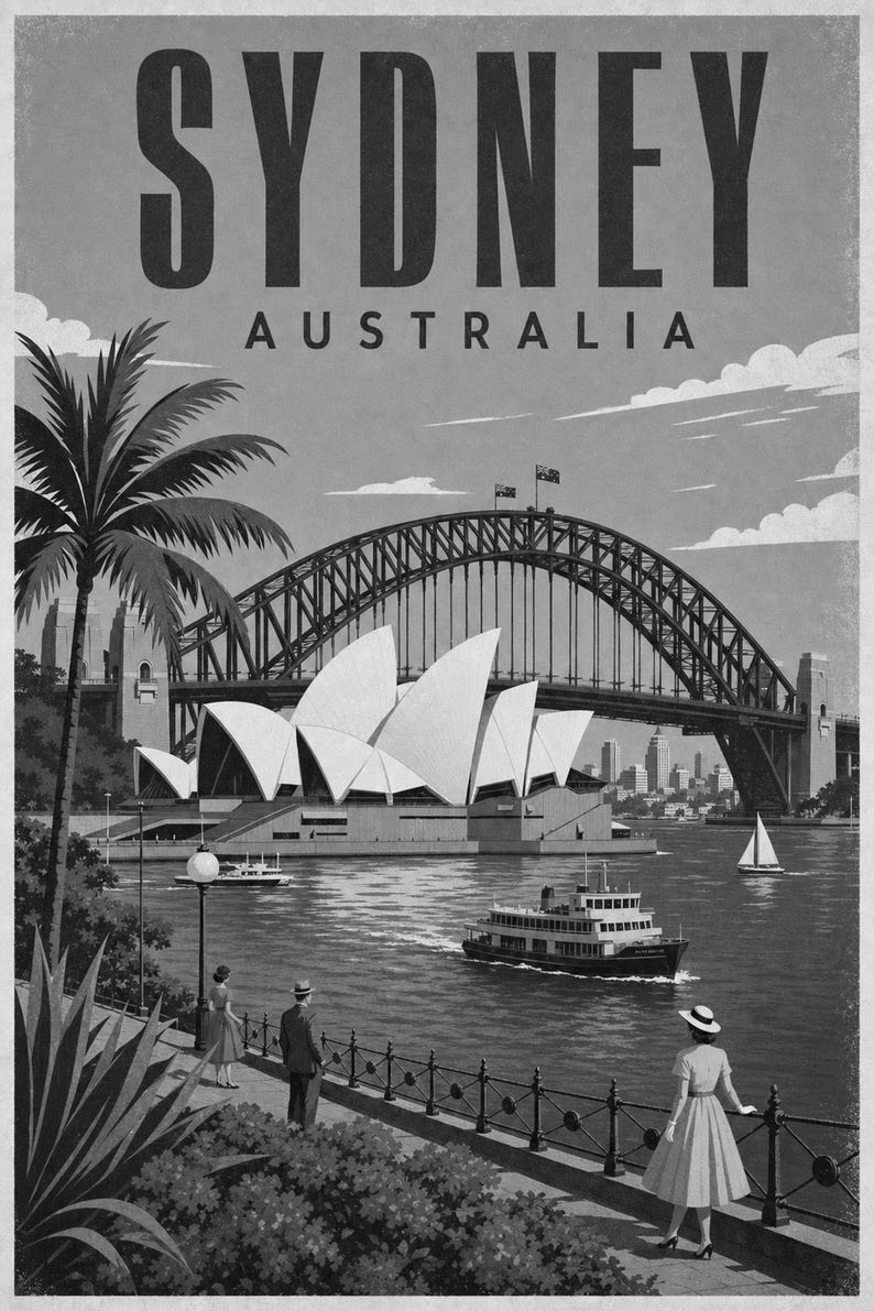 Reseaffisch med Sydney | Vintagetryck av operahuset | Australisk väggkonst | Tryckt och skickad bild 10