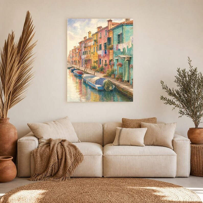 Burano Travel Poster | Soft Painting Italy Wall Art | Colorful Venice Canal Houses Print | Printed & Shipped image 6
