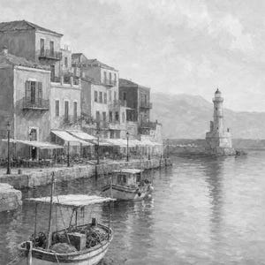 Crete Travel Poster | Soft Painting Greece Wall Art | Chania Old Harbour Coastal Print | Printed & Shipped image 10
