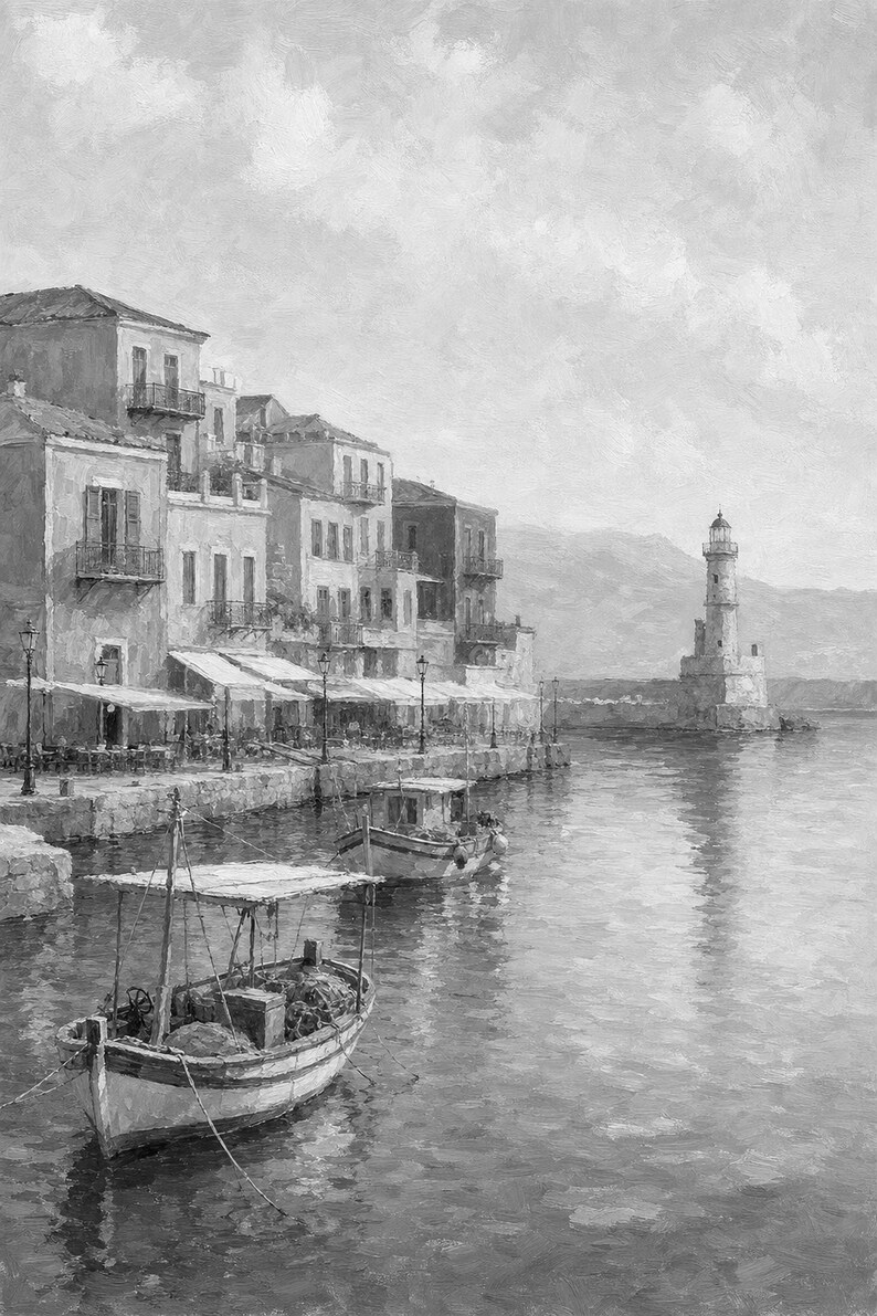 Crete Travel Poster | Soft Painting Greece Wall Art | Chania Old Harbour Coastal Print | Printed & Shipped image 10