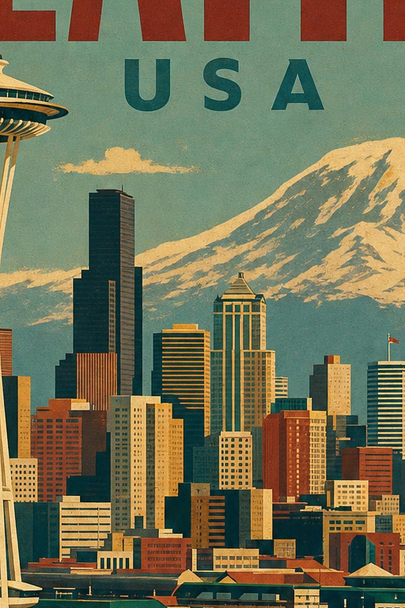 Seattle Travel Poster | Vintage 1950s Space Needle Print | Retro Washington Wall Art | Mid Century City Decor image 3