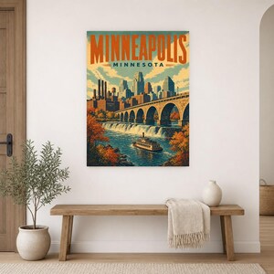 Minneapolis Travel Poster | Vintage Stone Arch Bridge Print | Minnesota Wall Art Print | Mid Century City Decor image 9