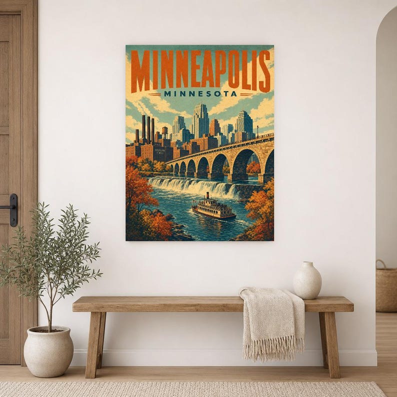 Minneapolis Travel Poster | Vintage Stone Arch Bridge Print | Minnesota Wall Art Print | Mid Century City Decor image 9