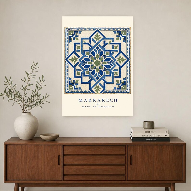Marrakech Zellige Tile Wall Art Print | Moroccan Geometric Star Poster | Blue Green Maiolica Print | Boho Mediterranean Decor | Morocco Gift image 2