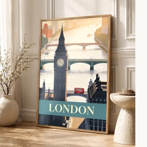 London Vintage Travel Poster | Retro England City Art Print | Housewarming Gift Wall Decor image 1